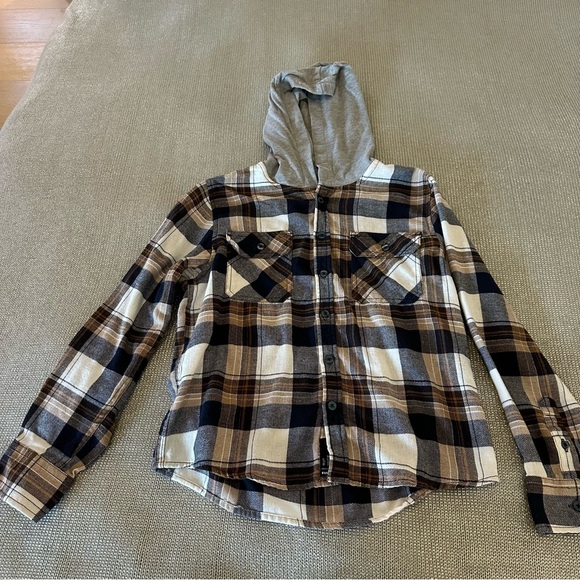 Boys RSQ Flannel Brown & Blue Hoodie - Picture 1 of 6